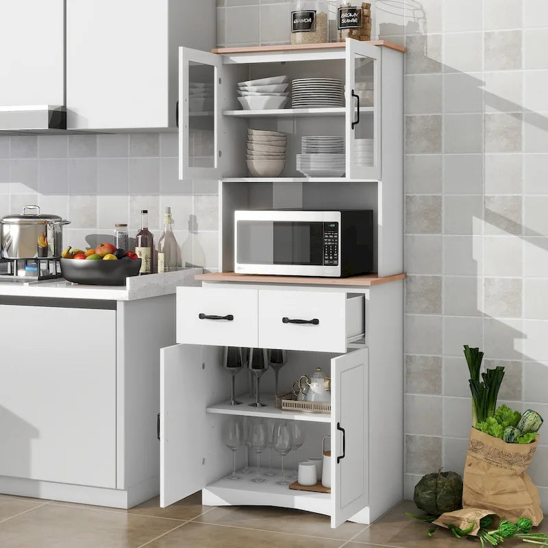 Armoire de cuisine autoportante blanche avec portes vitrées et tiroir