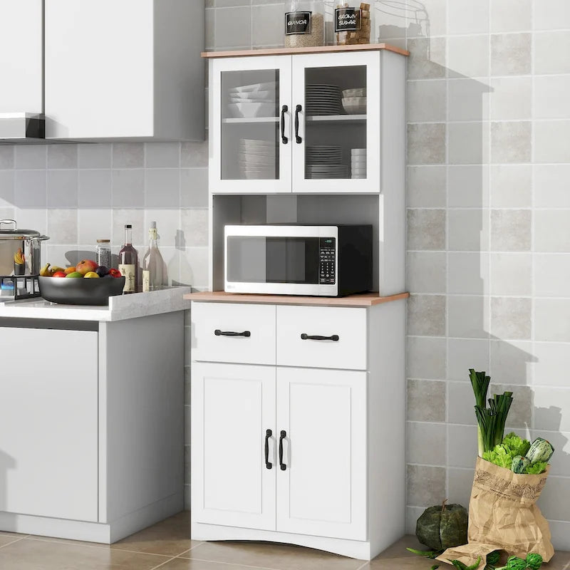 Armoire de cuisine autoportante blanche avec portes vitrées et tiroir