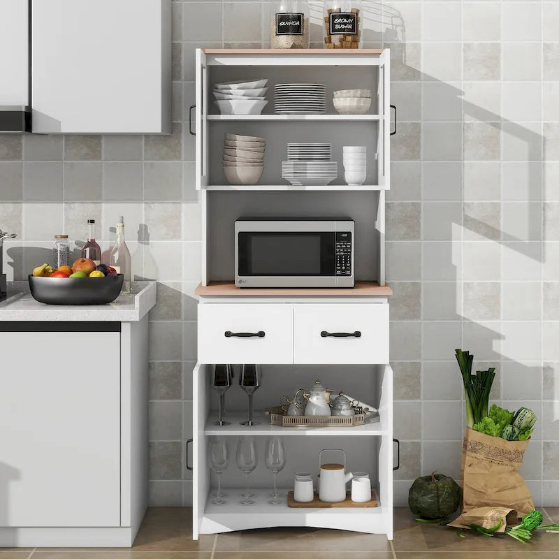Armoire de cuisine autoportante blanche avec portes vitrées et tiroir