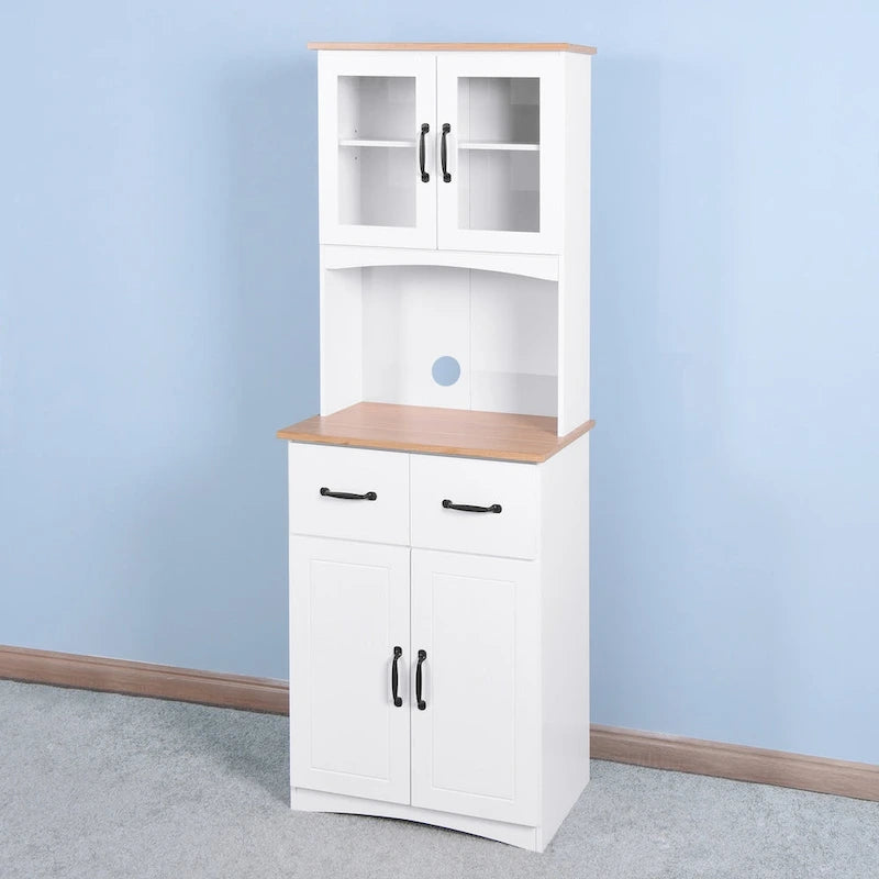 Armoire de cuisine autoportante blanche avec portes vitrées et tiroir