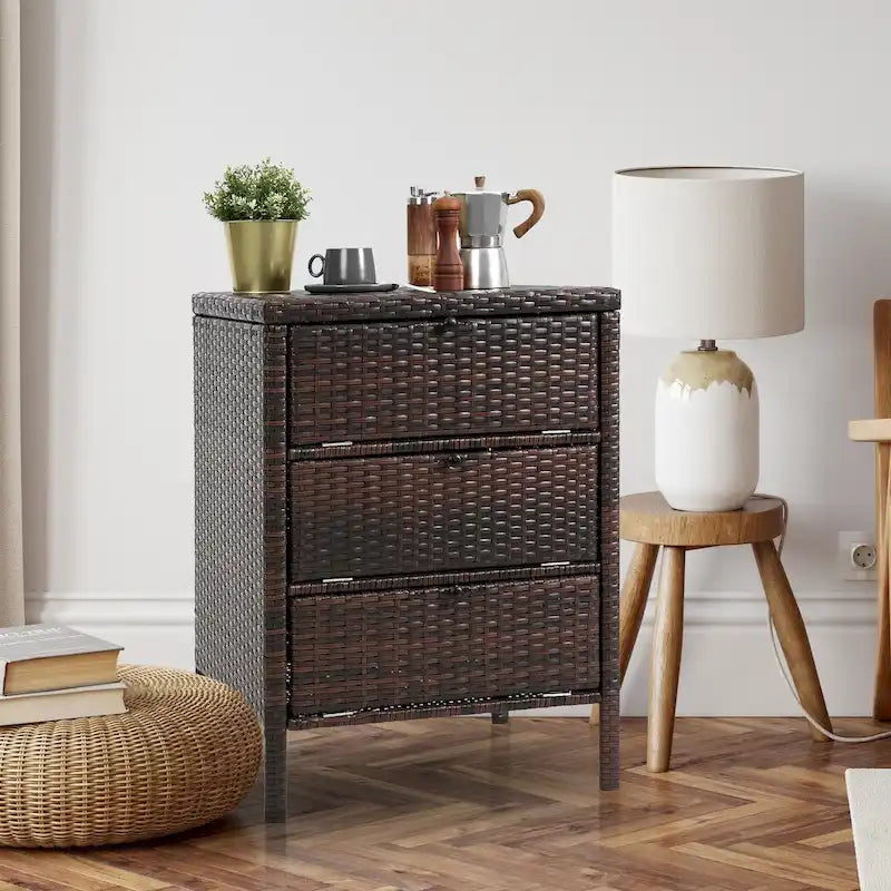 Armoire de rangement en rotin brun avec 3 tiroirs, simple