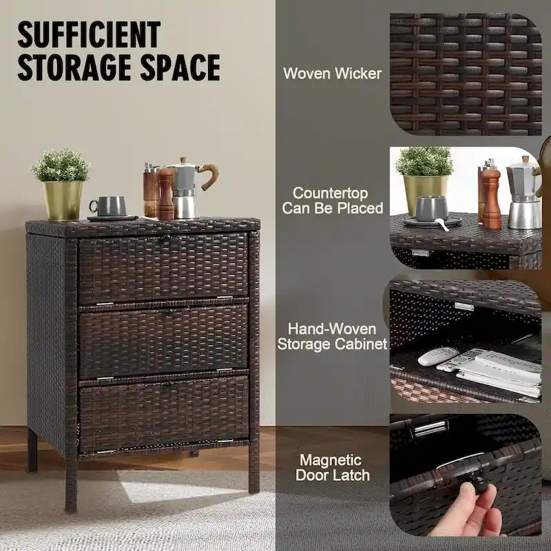 Armoire de rangement en rotin brun avec 3 tiroirs, simple