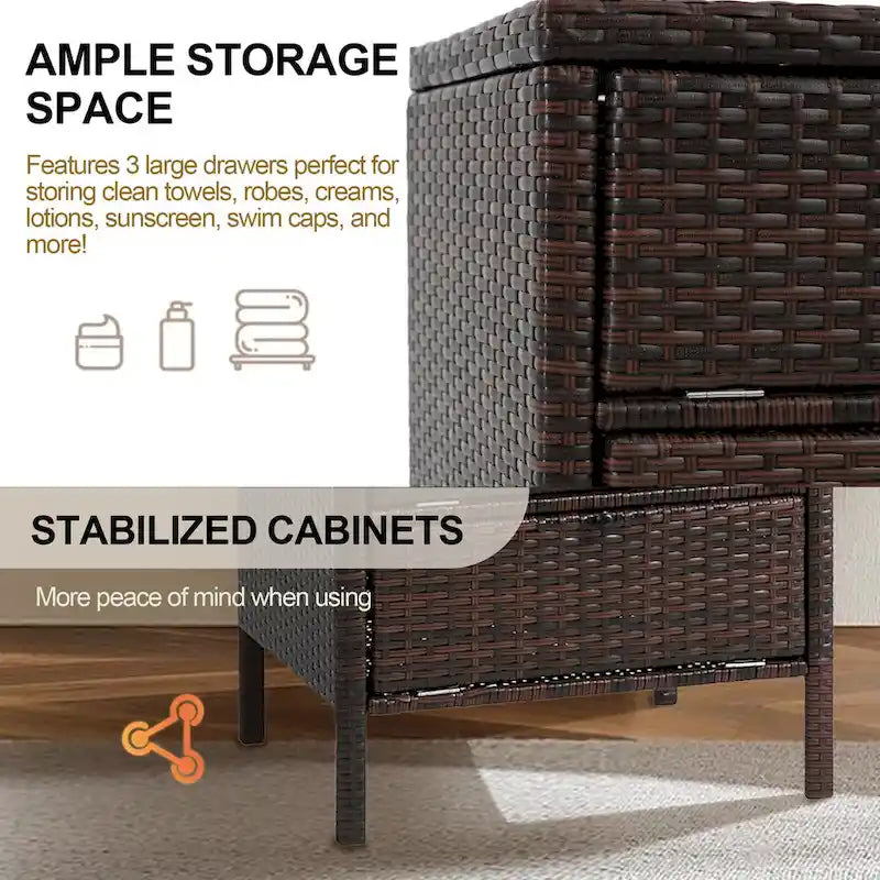 Armoire de rangement en rotin brun avec 3 tiroirs, simple