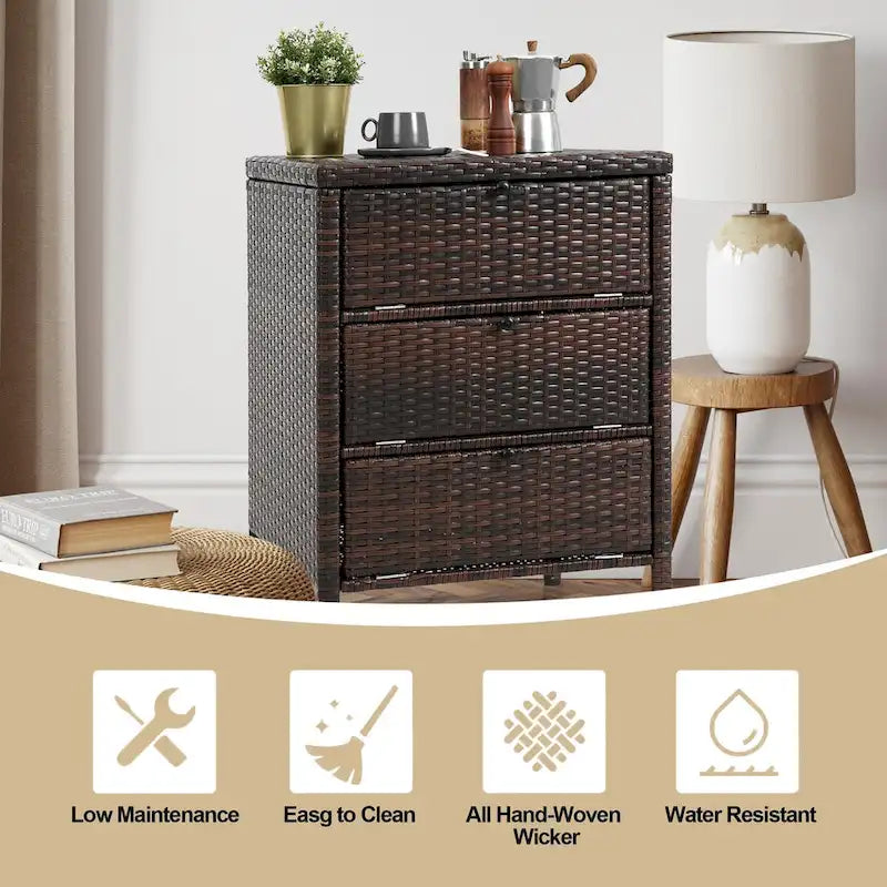 Armoire de rangement en rotin brun avec 3 tiroirs, simple