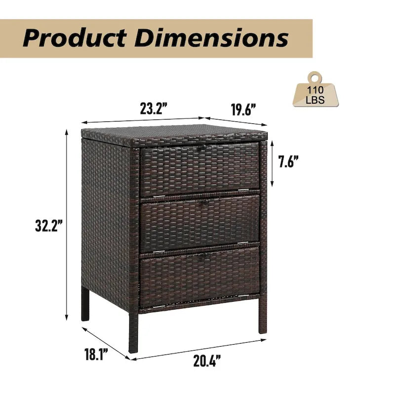 Armoire de rangement en rotin brun avec 3 tiroirs, simple