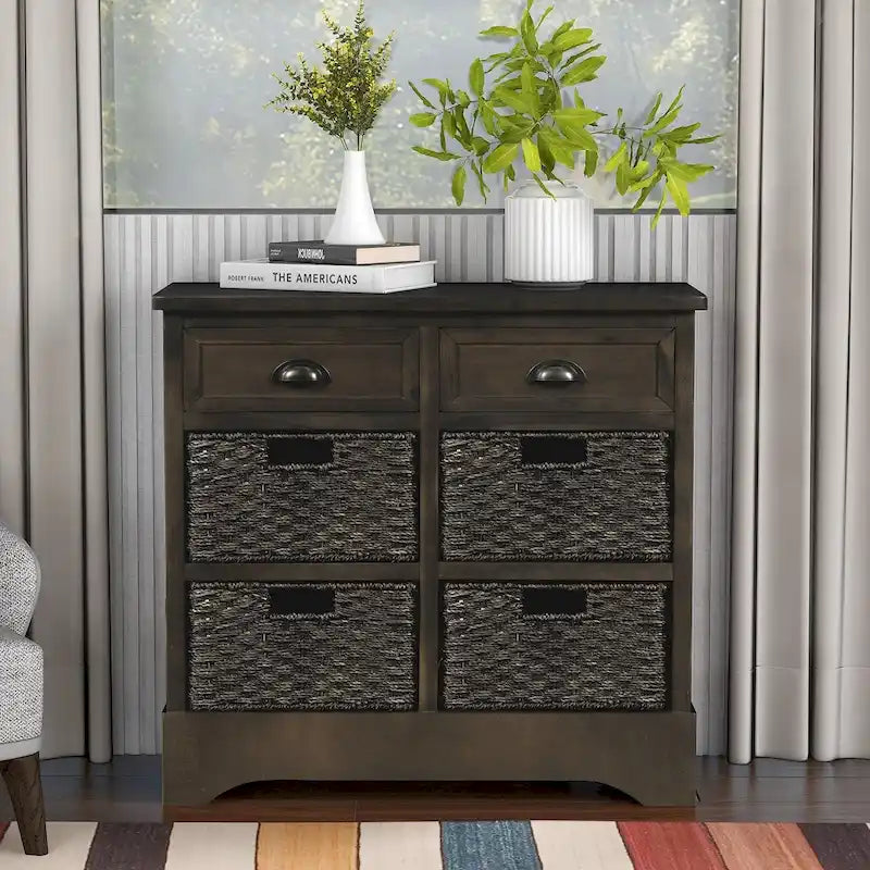 Meuble de rangement de ferme avec 2 tiroirs et 4 paniers en rotin – Gris clair / Bleu marine antique / Blanc délavé