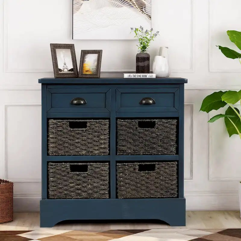 Meuble de rangement de ferme avec 2 tiroirs et 4 paniers en rotin – Gris clair / Bleu marine antique / Blanc délavé
