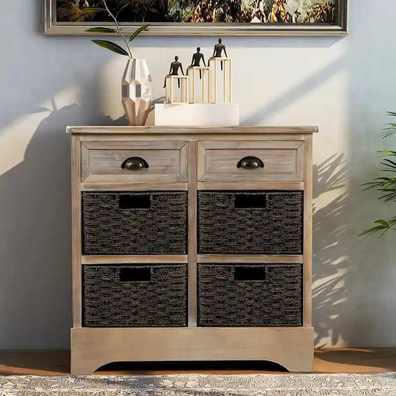 Meuble de rangement de ferme avec 2 tiroirs et 4 paniers en rotin – Gris clair / Bleu marine antique / Blanc délavé
