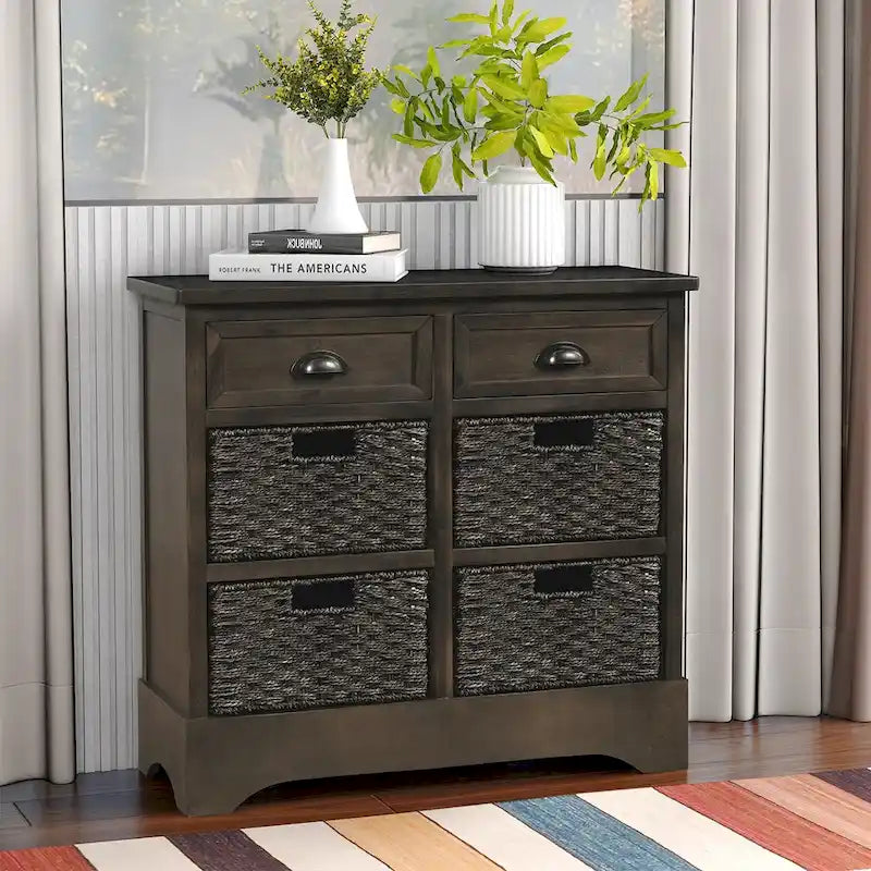 Meuble de rangement de ferme avec 2 tiroirs et 4 paniers en rotin – Gris clair / Bleu marine antique / Blanc délavé