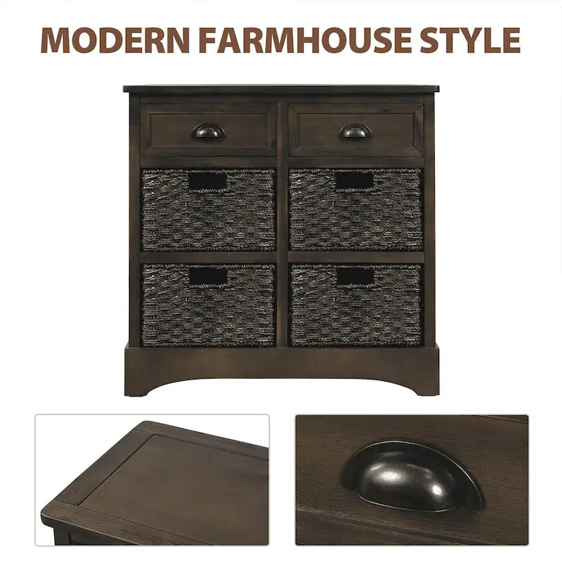 Meuble de rangement de ferme avec 2 tiroirs et 4 paniers en rotin – Gris clair / Bleu marine antique / Blanc délavé