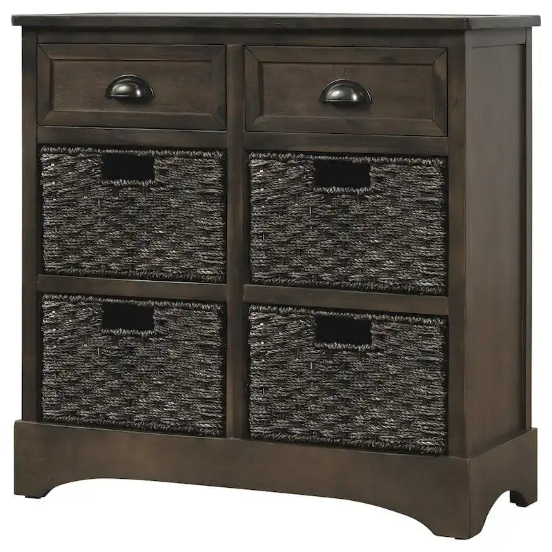 Meuble de rangement de ferme avec 2 tiroirs et 4 paniers en rotin – Gris clair / Bleu marine antique / Blanc délavé