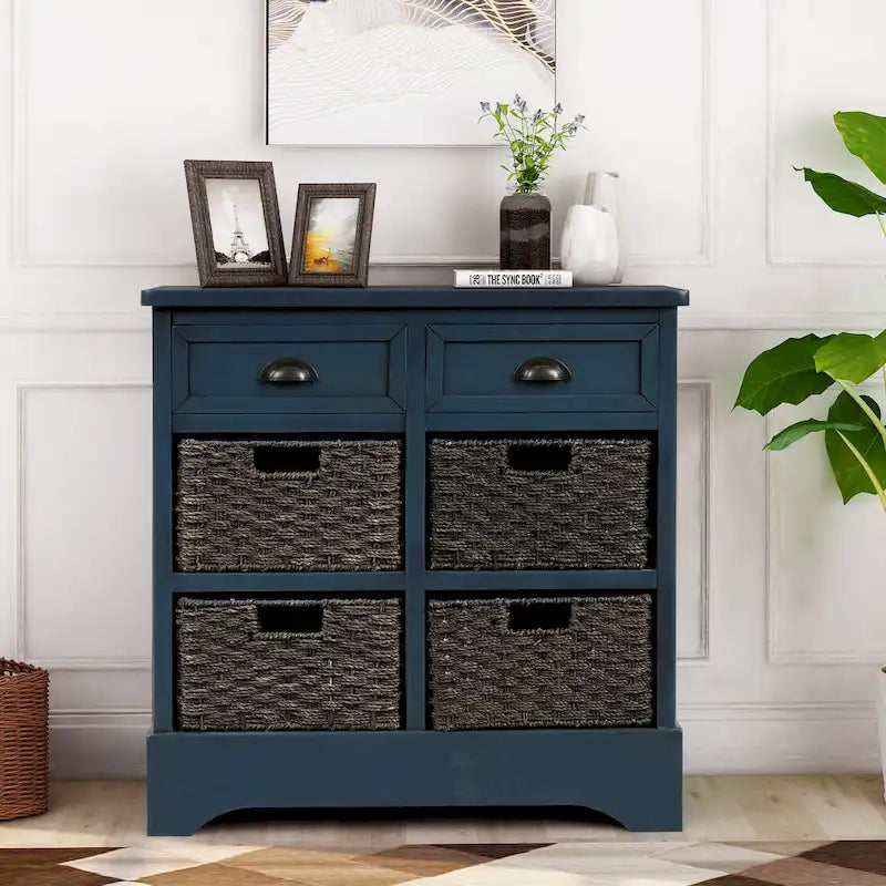 Meuble de rangement de ferme avec 2 tiroirs et 4 paniers en rotin – Gris clair / Bleu marine antique / Blanc délavé