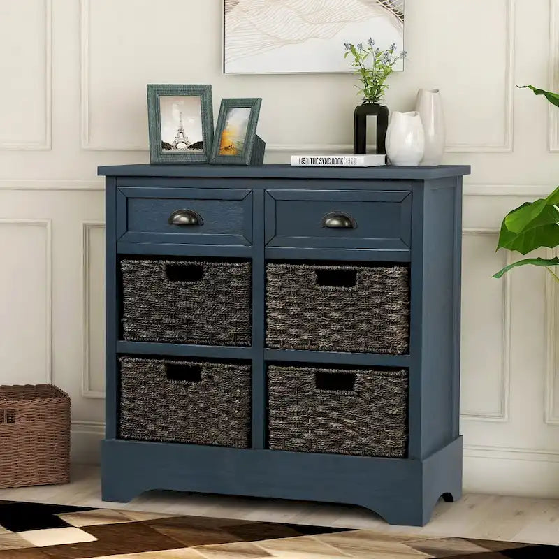 Meuble de rangement de ferme avec 2 tiroirs et 4 paniers en rotin – Gris clair / Bleu marine antique / Blanc délavé