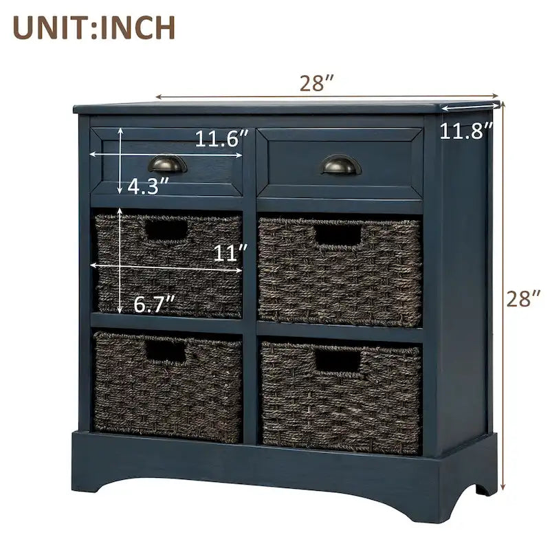 Meuble de rangement de ferme avec 2 tiroirs et 4 paniers en rotin – Gris clair / Bleu marine antique / Blanc délavé