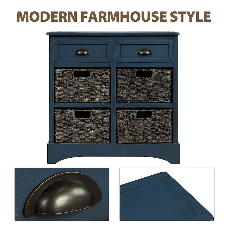Meuble de rangement de ferme avec 2 tiroirs et 4 paniers en rotin – Gris clair / Bleu marine antique / Blanc délavé