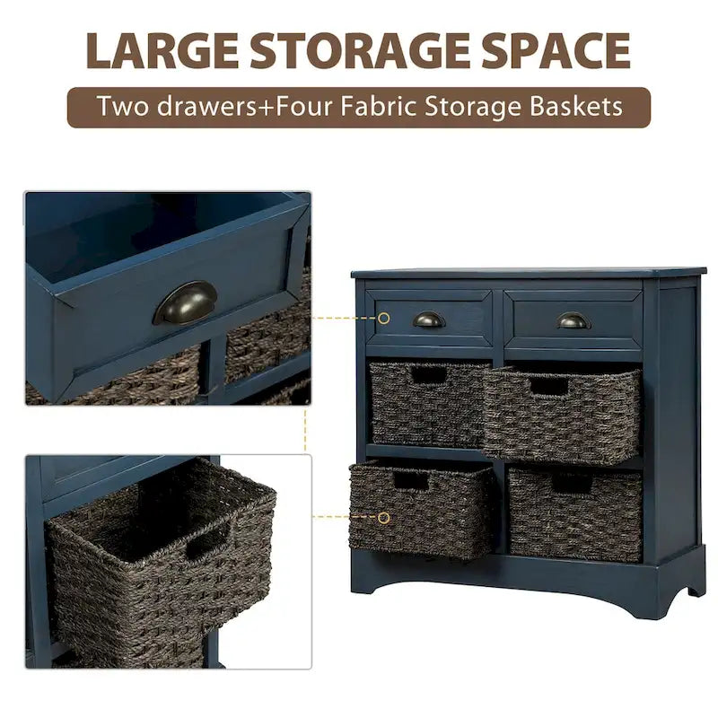 Meuble de rangement de ferme avec 2 tiroirs et 4 paniers en rotin – Gris clair / Bleu marine antique / Blanc délavé