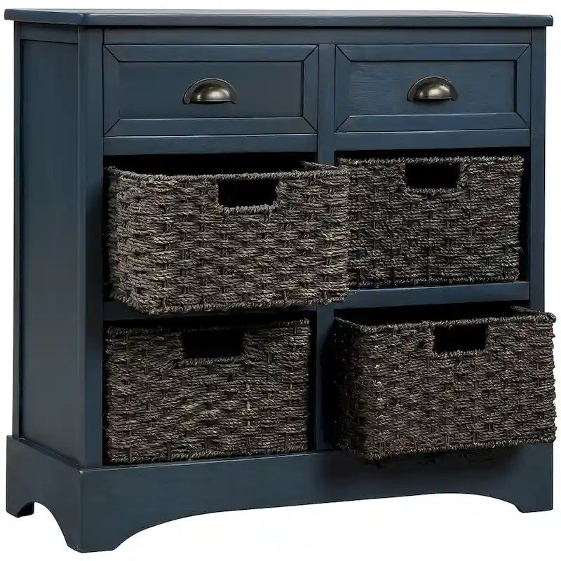 Meuble de rangement de ferme avec 2 tiroirs et 4 paniers en rotin – Gris clair / Bleu marine antique / Blanc délavé