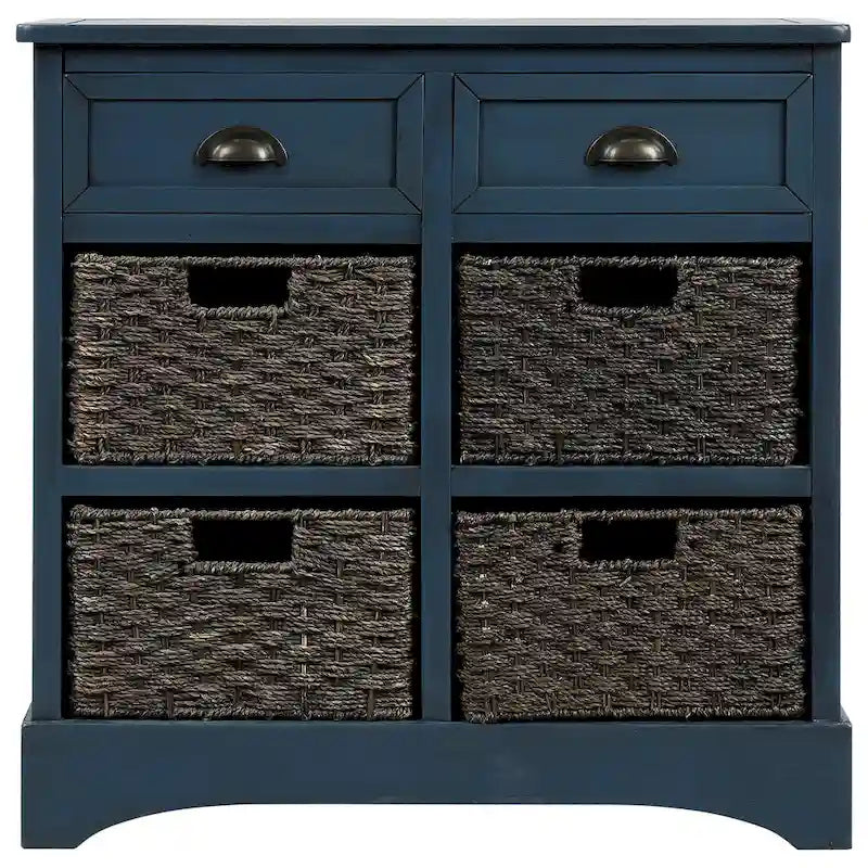 Meuble de rangement de ferme avec 2 tiroirs et 4 paniers en rotin – Gris clair / Bleu marine antique / Blanc délavé
