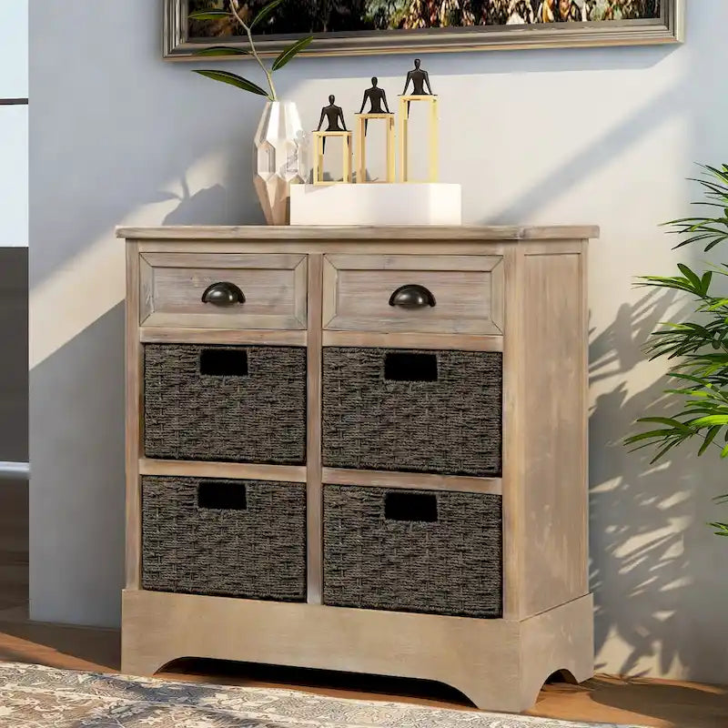 Meuble de rangement de ferme avec 2 tiroirs et 4 paniers en rotin – Gris clair / Bleu marine antique / Blanc délavé