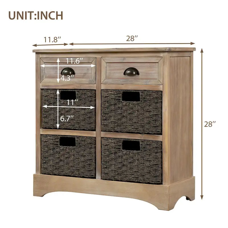 Meuble de rangement de ferme avec 2 tiroirs et 4 paniers en rotin – Gris clair / Bleu marine antique / Blanc délavé