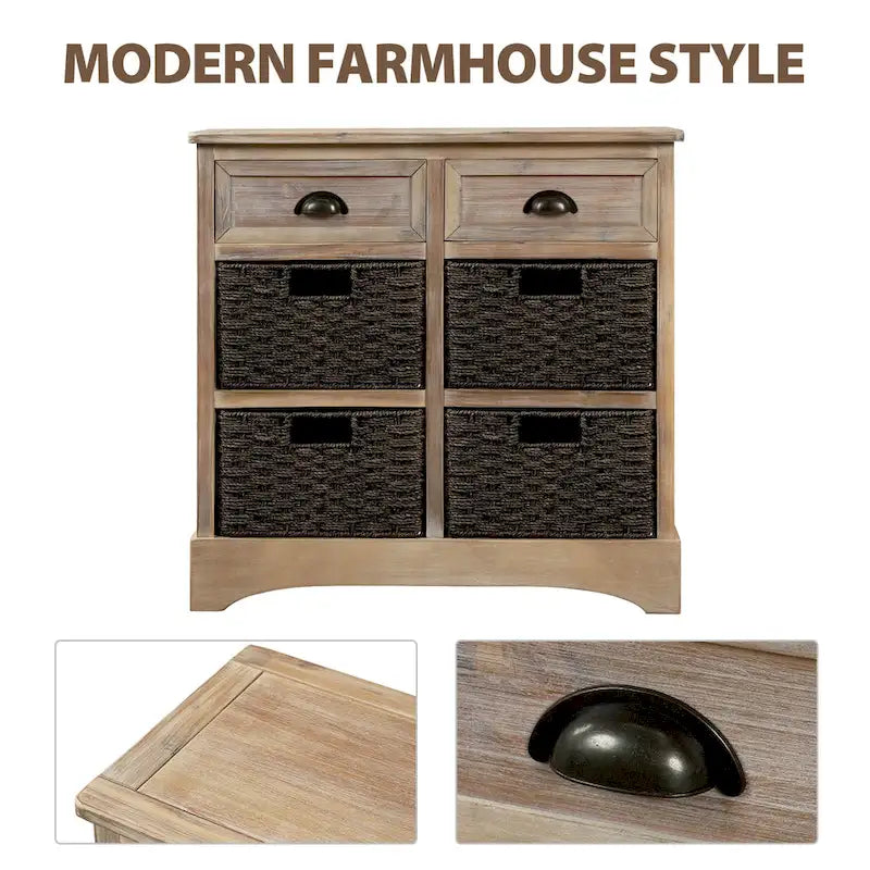 Meuble de rangement de ferme avec 2 tiroirs et 4 paniers en rotin – Gris clair / Bleu marine antique / Blanc délavé