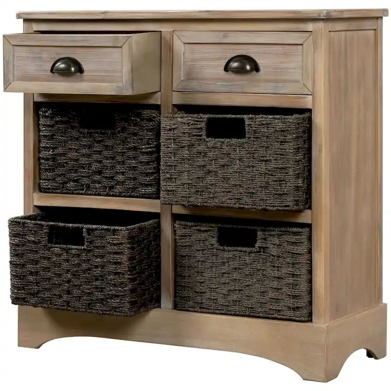 Meuble de rangement de ferme avec 2 tiroirs et 4 paniers en rotin – Gris clair / Bleu marine antique / Blanc délavé