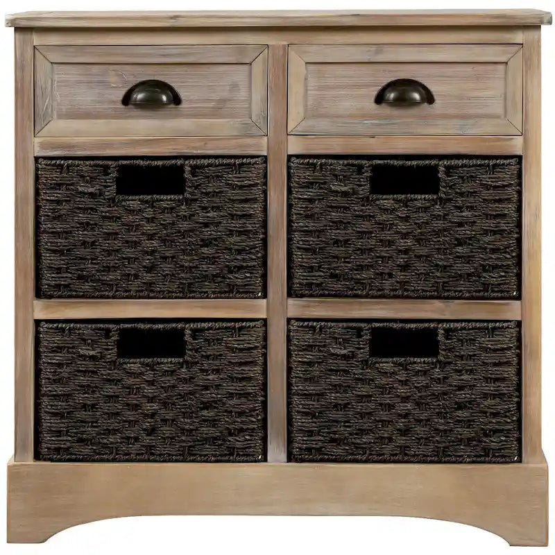 Meuble de rangement de ferme avec 2 tiroirs et 4 paniers en rotin – Gris clair / Bleu marine antique / Blanc délavé