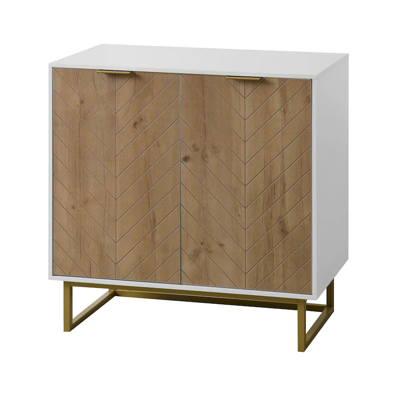 Bahut/Buffet 2 portes blanc – Motif chevrons, poignées et pieds dorés