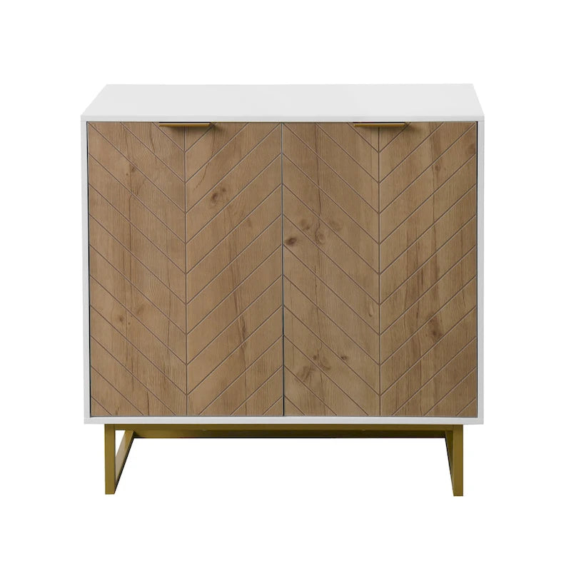 Bahut/Buffet 2 portes blanc – Motif chevrons, poignées et pieds dorés