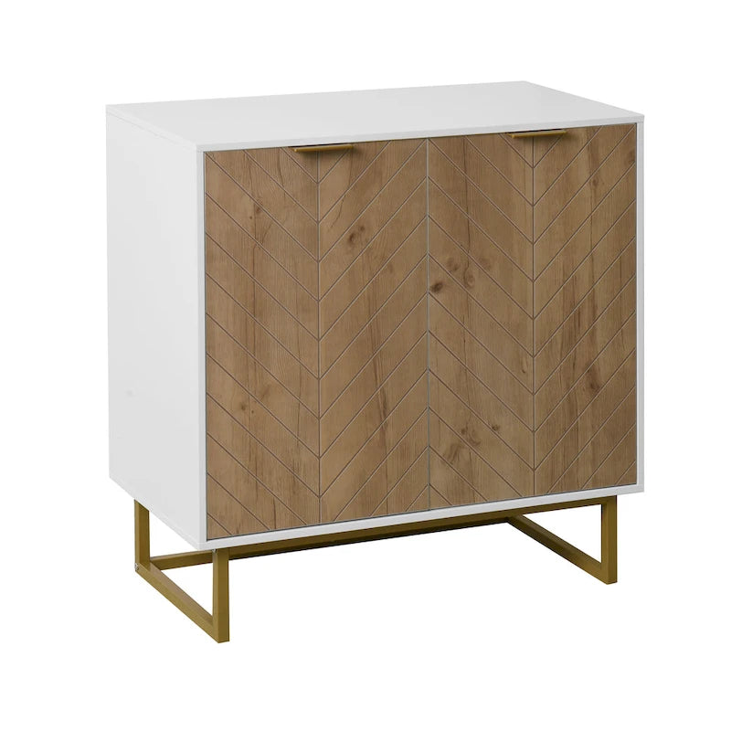 Bahut/Buffet 2 portes blanc – Motif chevrons, poignées et pieds dorés