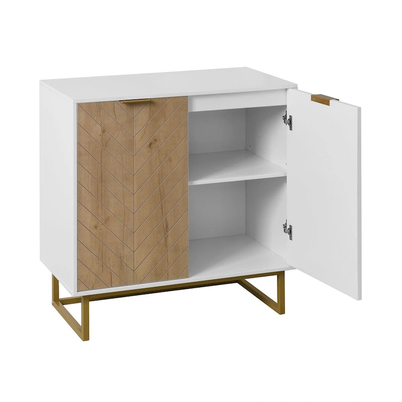 Bahut/Buffet 2 portes blanc – Motif chevrons, poignées et pieds dorés
