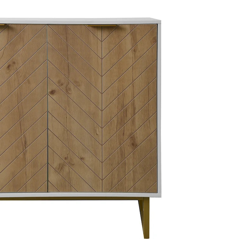 Bahut/Buffet 2 portes blanc – Motif chevrons, poignées et pieds dorés