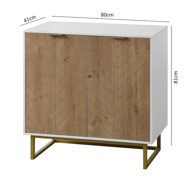Bahut/Buffet 2 portes blanc – Motif chevrons, poignées et pieds dorés
