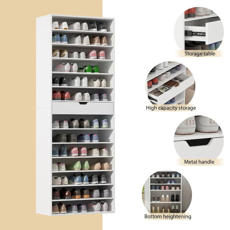 Meuble à chaussures haut blanc avec 13 étagères, peut contenir 40 paires
