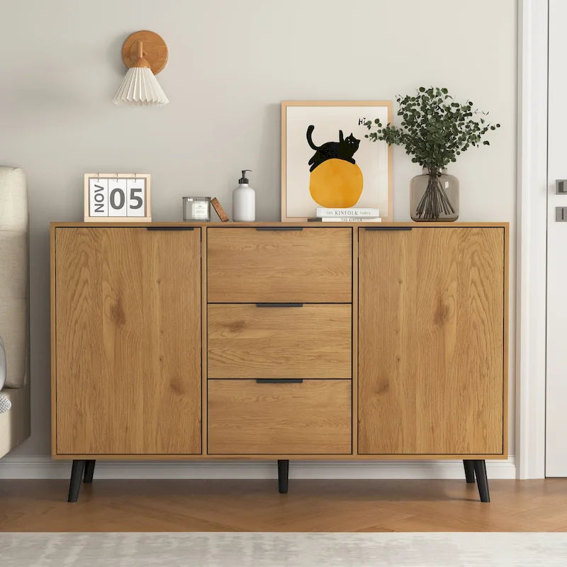 Buffet de cuisine/bahut 2 portes avec tiroirs, gris/naturel – Rangement à 2 zones