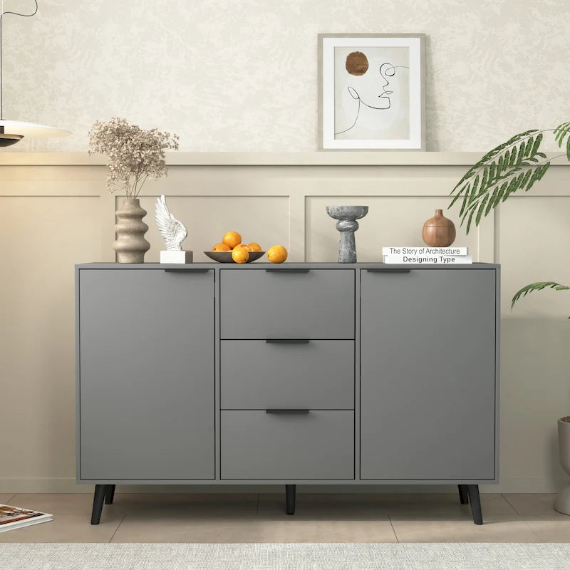 Buffet de cuisine/bahut 2 portes avec tiroirs, gris/naturel – Rangement à 2 zones