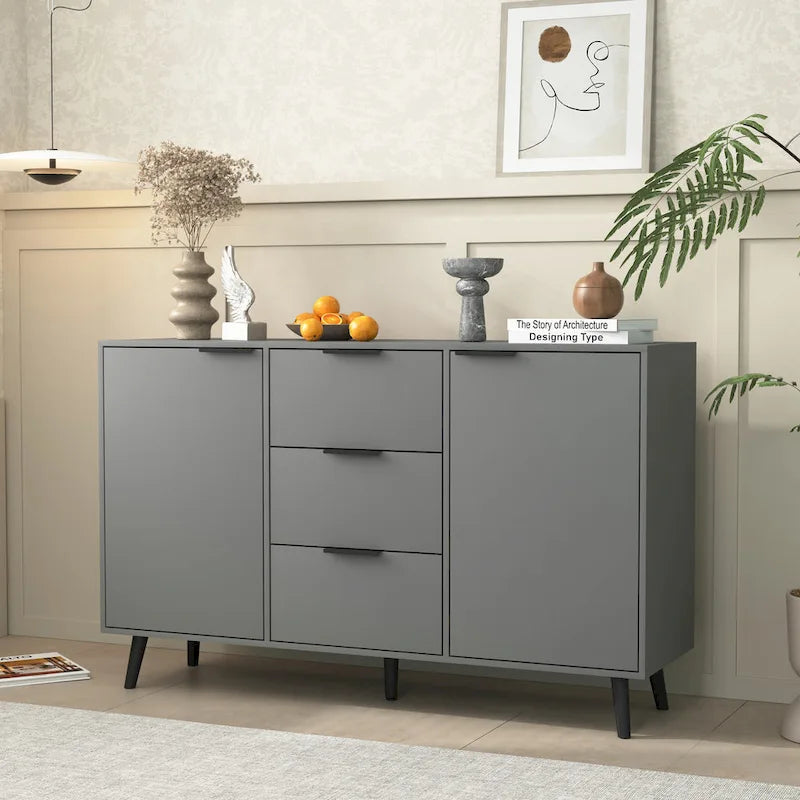 Buffet de cuisine/bahut 2 portes avec tiroirs, gris/naturel – Rangement à 2 zones