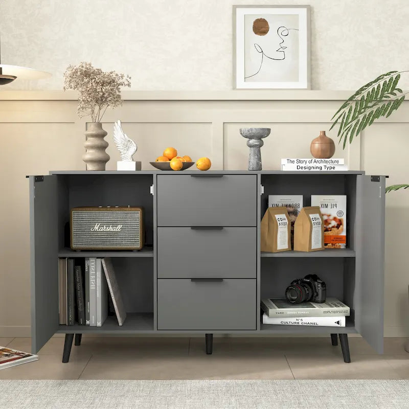 Buffet de cuisine/bahut 2 portes avec tiroirs, gris/naturel – Rangement à 2 zones