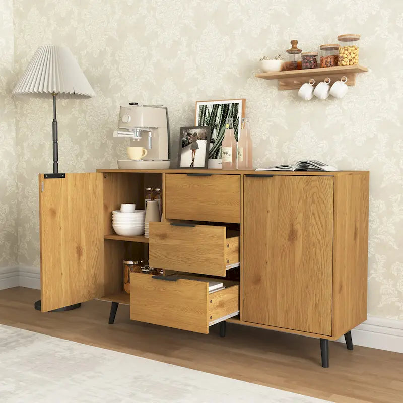 Buffet de cuisine/bahut 2 portes avec tiroirs, gris/naturel – Rangement à 2 zones