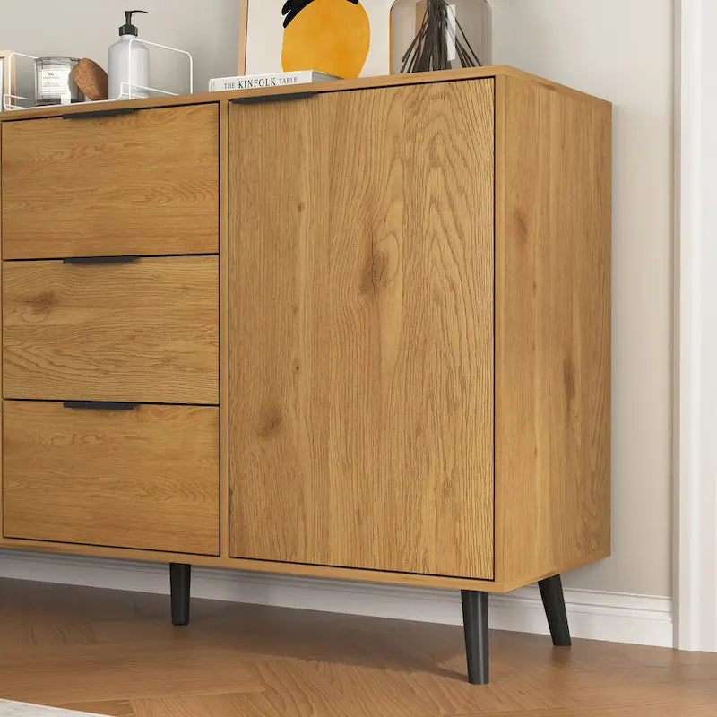 Buffet de cuisine/bahut 2 portes avec tiroirs, gris/naturel – Rangement à 2 zones