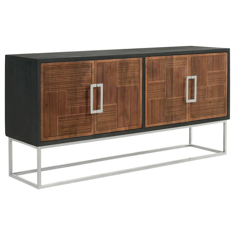 Bahut/Console Noyer Marron & Noir, 4 portes, simple (67"L)