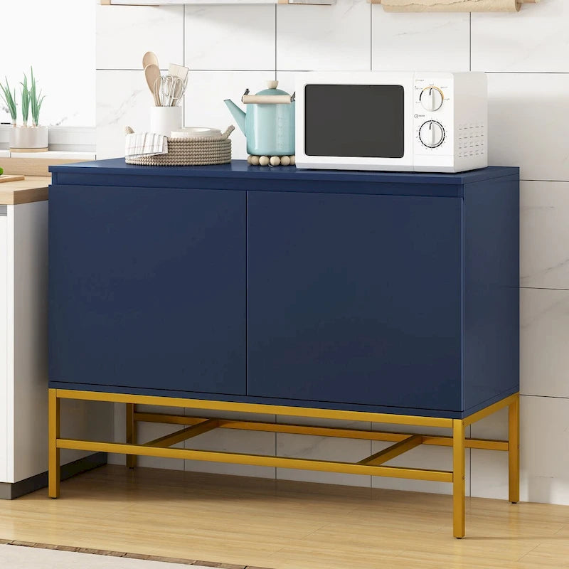Buffet deux portes bleu marine / noir avec pieds en métal doré
