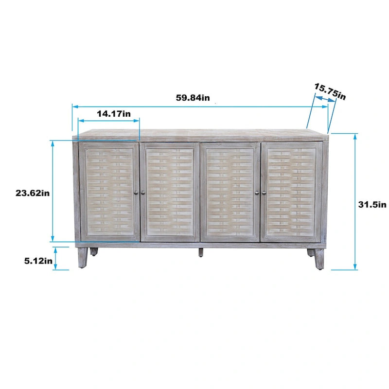 Buffet en Bois Naturel 4 Portes, Style Shabby Chic