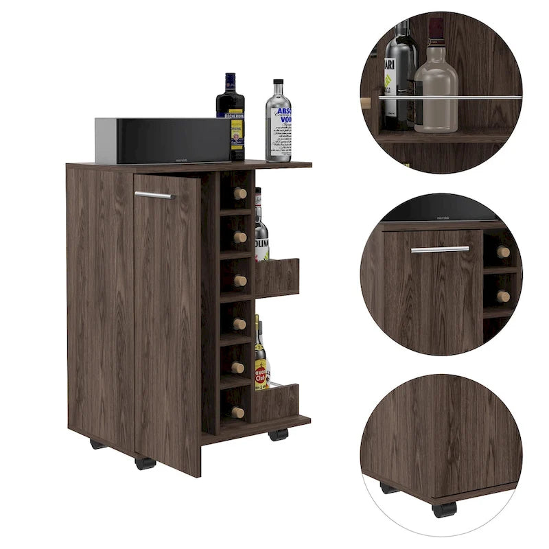 Desserte de bar roulante en chêne clair / marron clair / marron avec casier pour 6 bouteilles, 2 étagères et placard – Pour 1