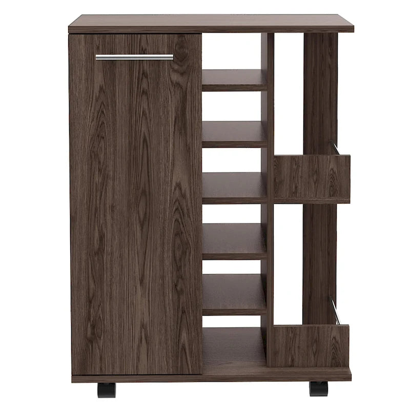 Desserte de bar roulante en chêne clair / marron clair / marron avec casier pour 6 bouteilles, 2 étagères et placard – Pour 1