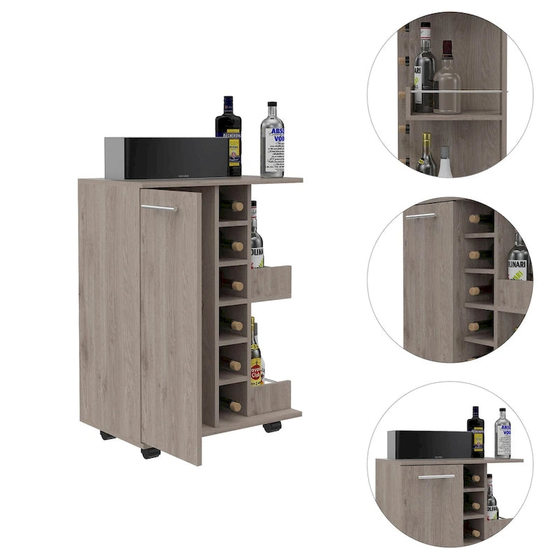 Desserte de bar roulante en chêne clair / marron clair / marron avec casier pour 6 bouteilles, 2 étagères et placard – Pour 1