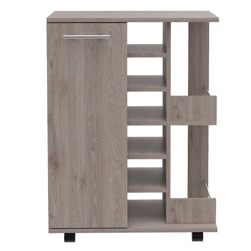 Desserte de bar roulante en chêne clair / marron clair / marron avec casier pour 6 bouteilles, 2 étagères et placard – Pour 1