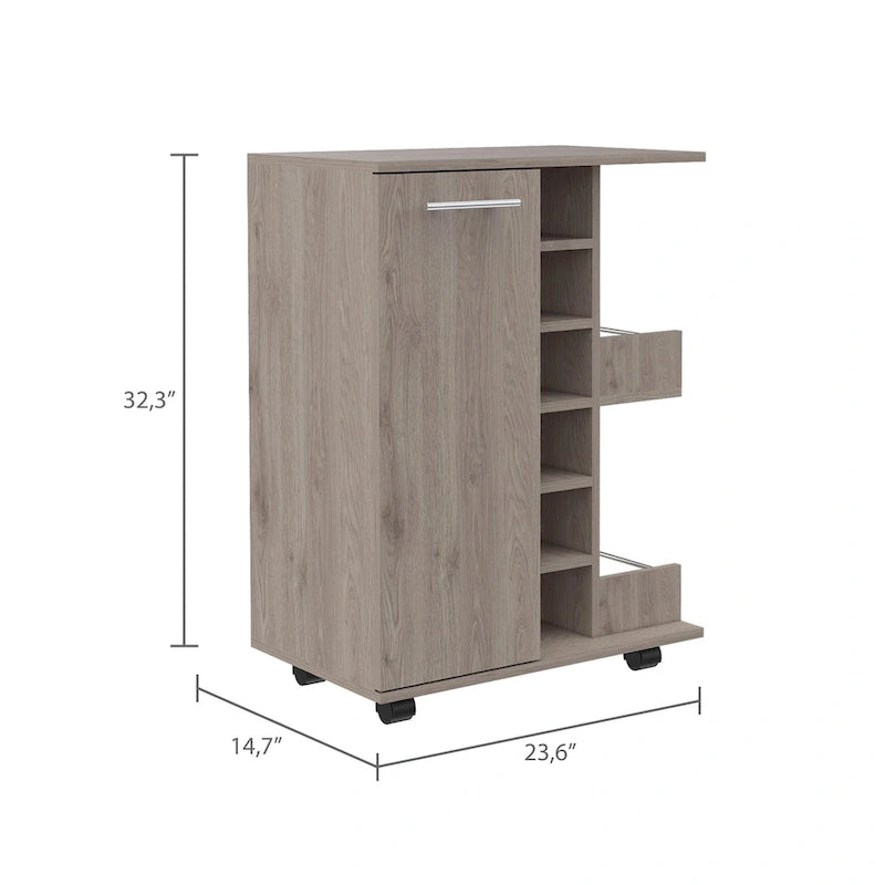 Desserte de bar roulante en chêne clair / marron clair / marron avec casier pour 6 bouteilles, 2 étagères et placard – Pour 1