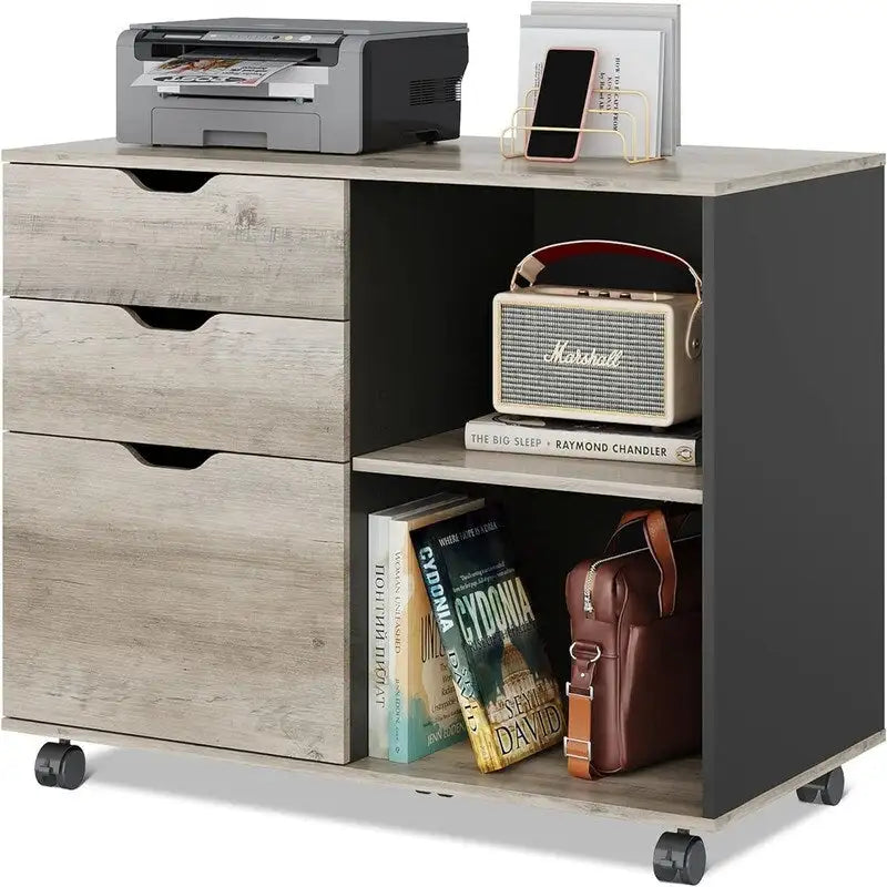 Caisson de classement mobile avec tiroirs – Marron rustique / Noir / Greige / Blanc, 1 personne