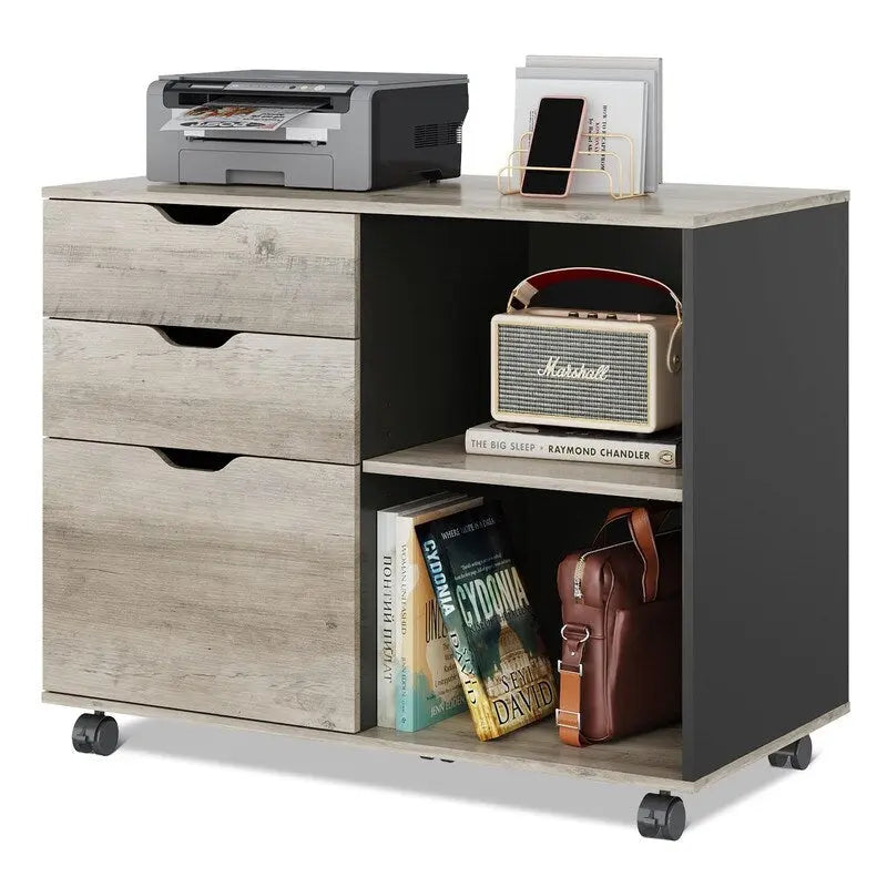 Caisson de classement mobile avec tiroirs – Marron rustique / Noir / Greige / Blanc, 1 personne